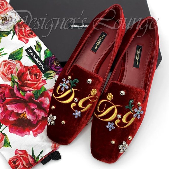 NIB DOLCE & GABBANA Red Velvet Crystal Loafers - Picture 2 of 8